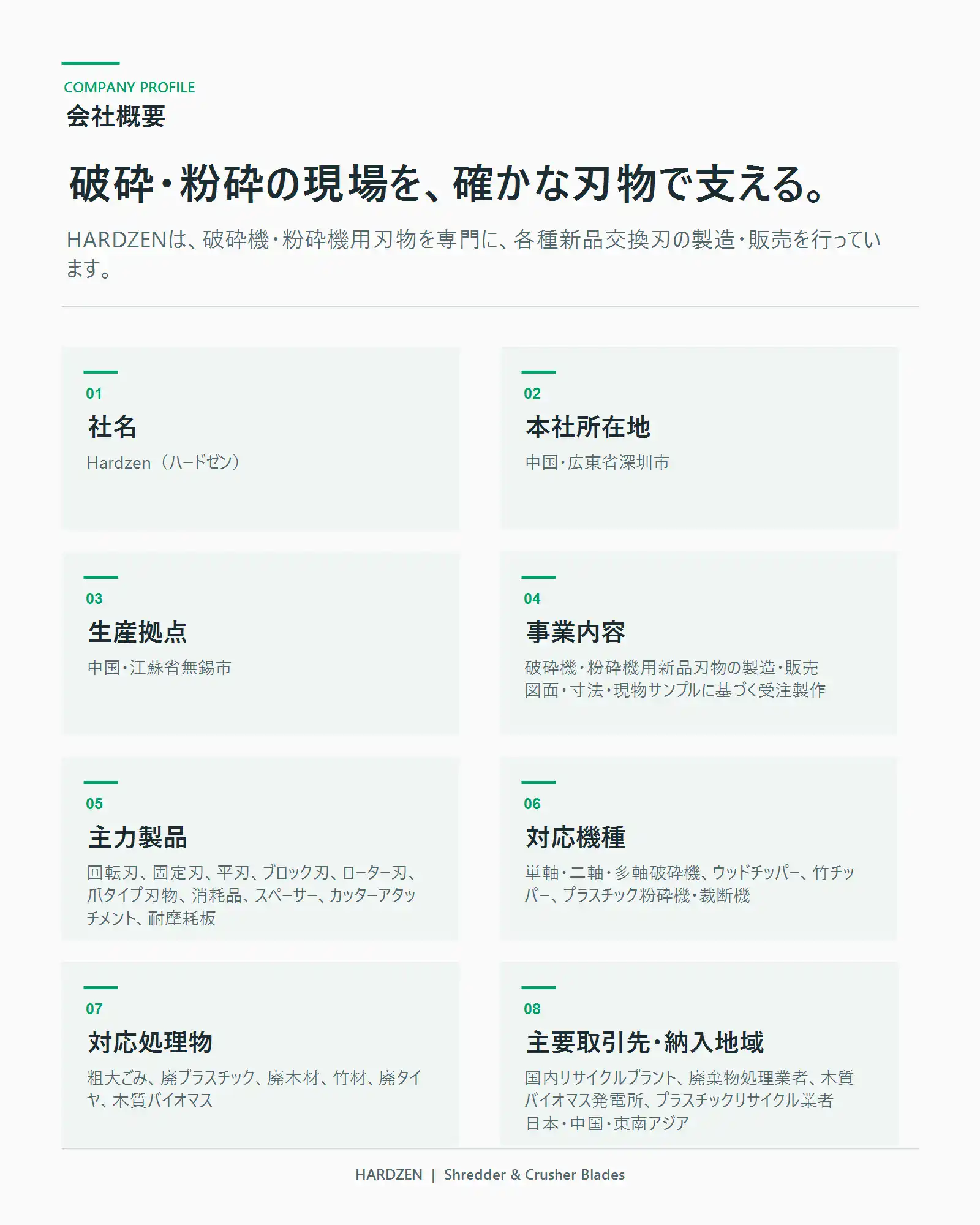 HARDZENの会社概要。破砕機・粉砕機用新品刃物の製造・販売、主力製品、対応機種を紹介