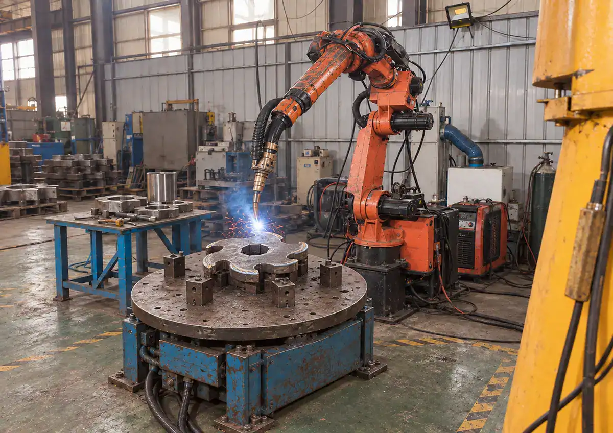 破砕機用回転刃に耐摩耗肉盛溶接を施工する産業用ロボット